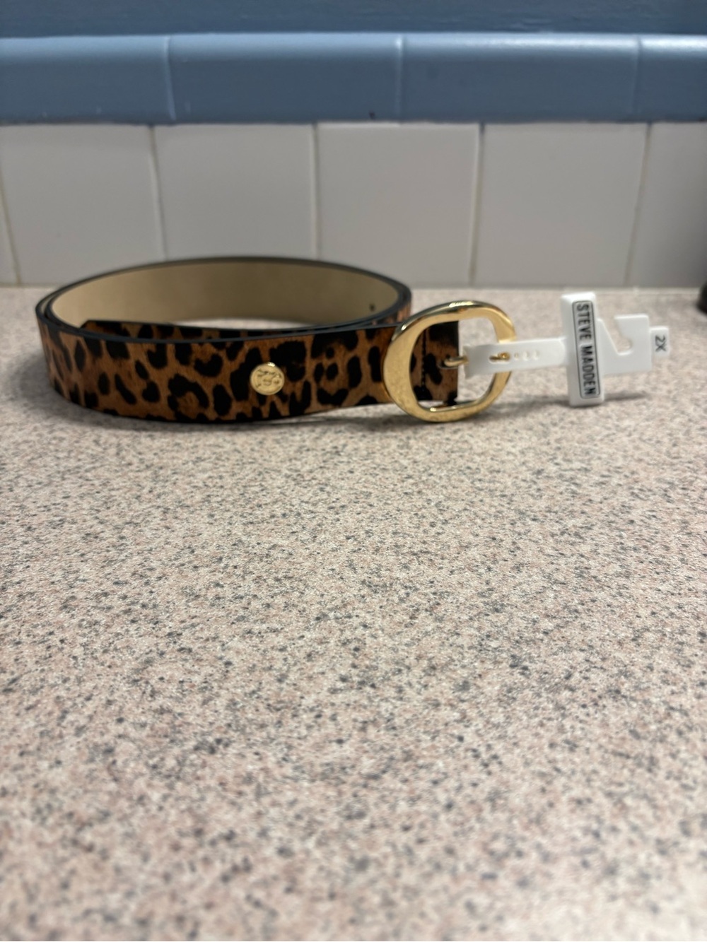 Steve Madden Leopard-Pattern Belt with Hammered Gold Oval Buckle